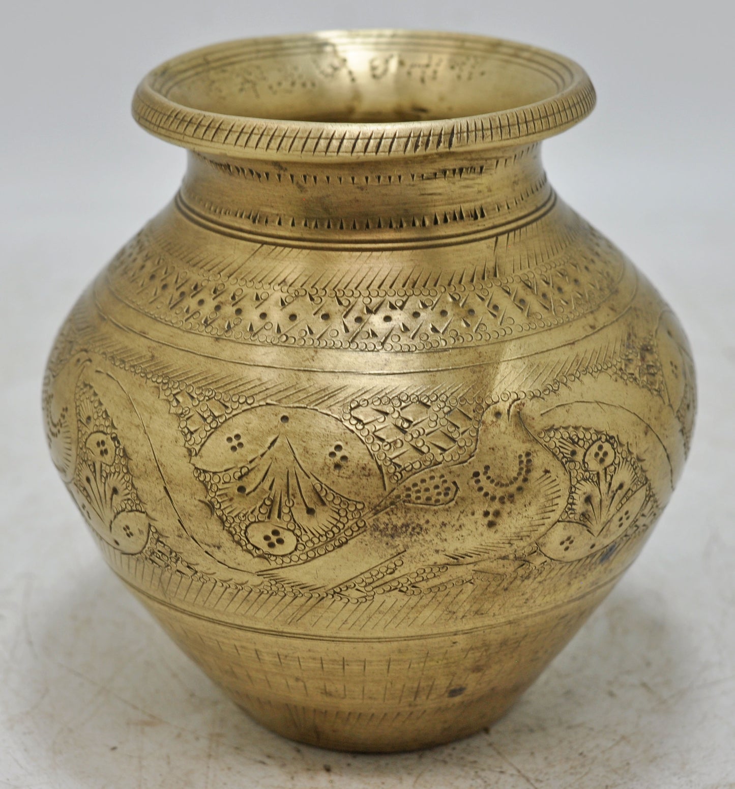 Antique Brass Round Water Drinking Lota Pot Original Old Hand Crafted Engraved