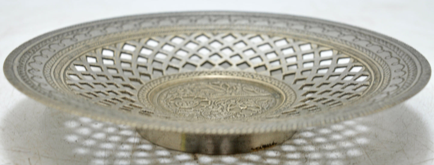 Antique Brass Round Decorative Plate Original Old Hand Crafted Jali Cut Engraved