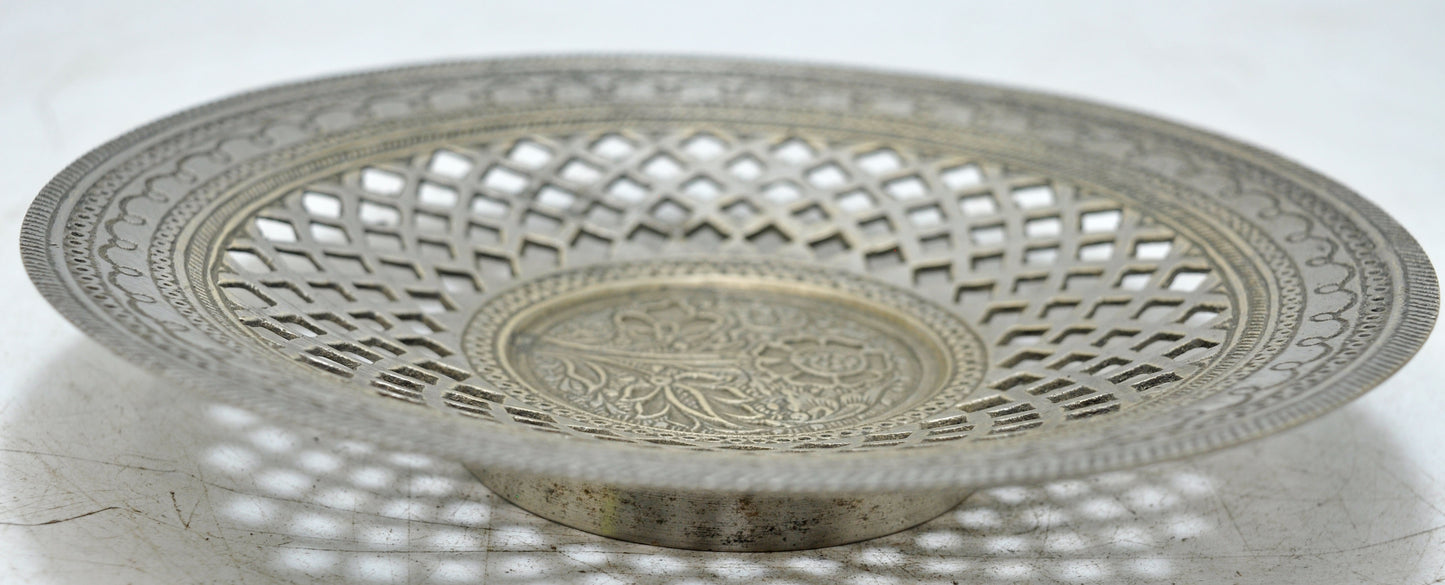 Antique Brass Round Decorative Plate Original Old Hand Crafted Jali Cut Engraved