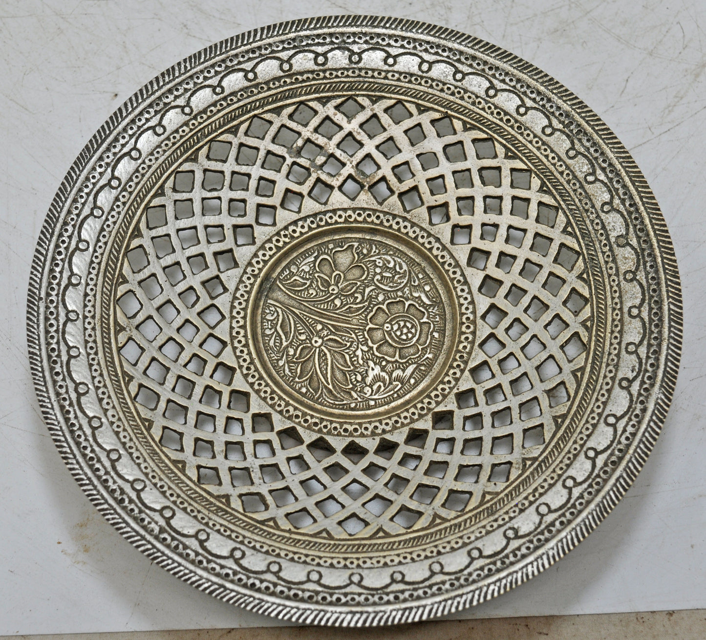 Antique Brass Round Decorative Plate Original Old Hand Crafted Jali Cut Engraved
