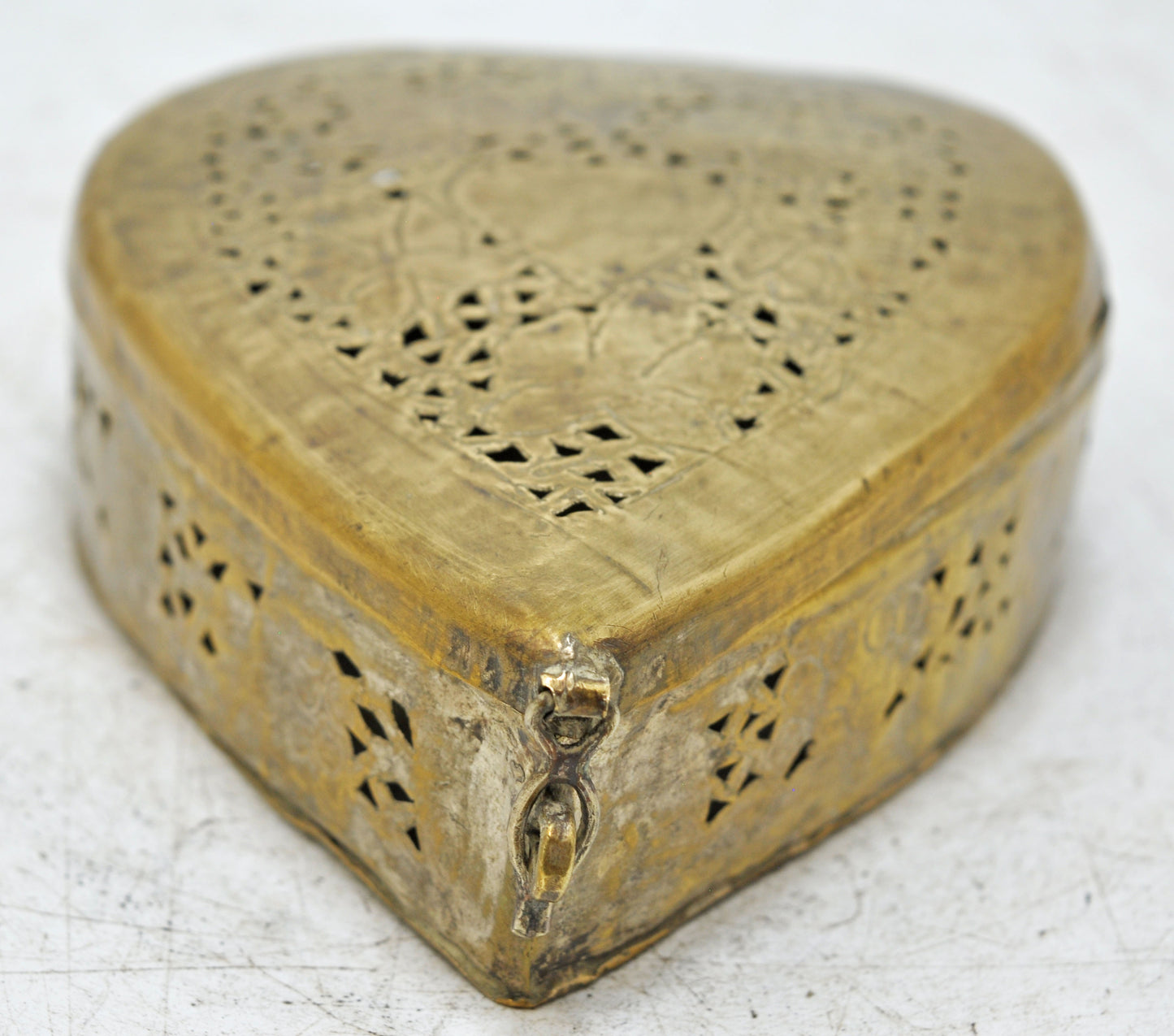 Antique Brass Heart Shaped Betel Leaves Box Original Old Fine Jali Cut Engraved