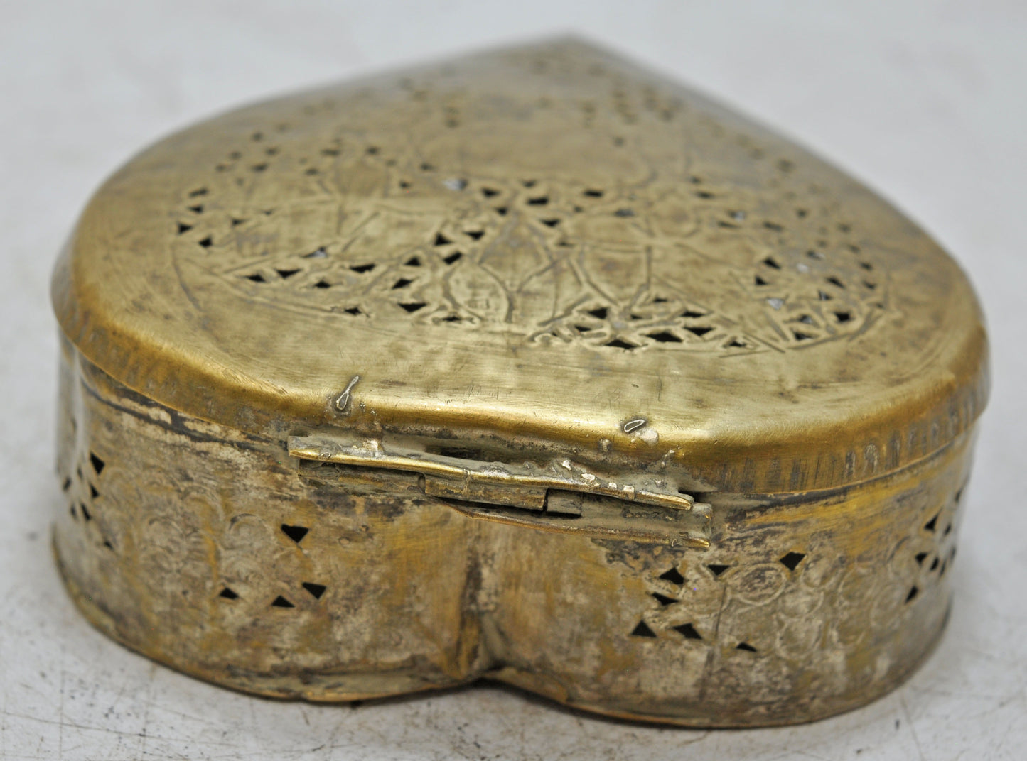 Antique Brass Heart Shaped Betel Leaves Box Original Old Fine Jali Cut Engraved