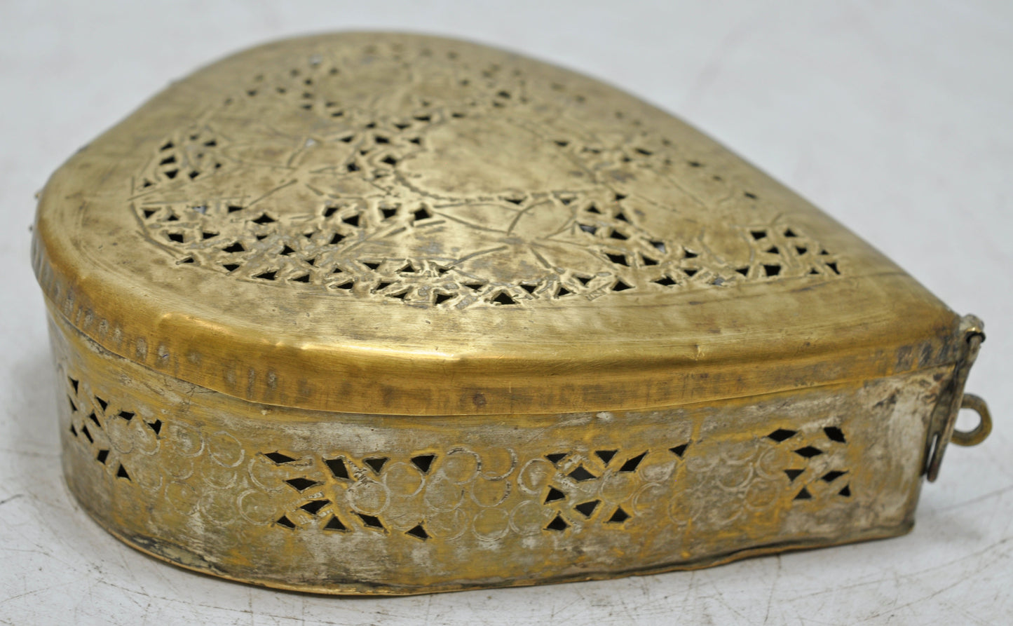 Antique Brass Heart Shaped Betel Leaves Box Original Old Fine Jali Cut Engraved