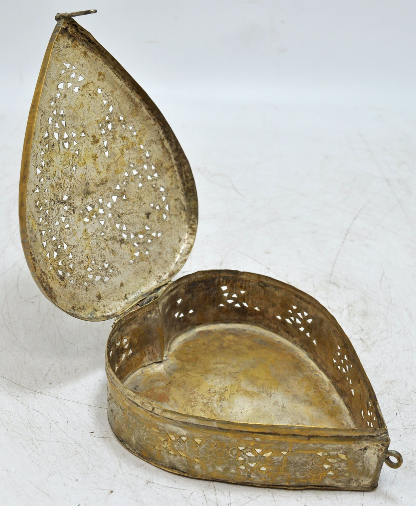 Antique Brass Heart Shaped Betel Leaves Box Original Old Fine Jali Cut Engraved