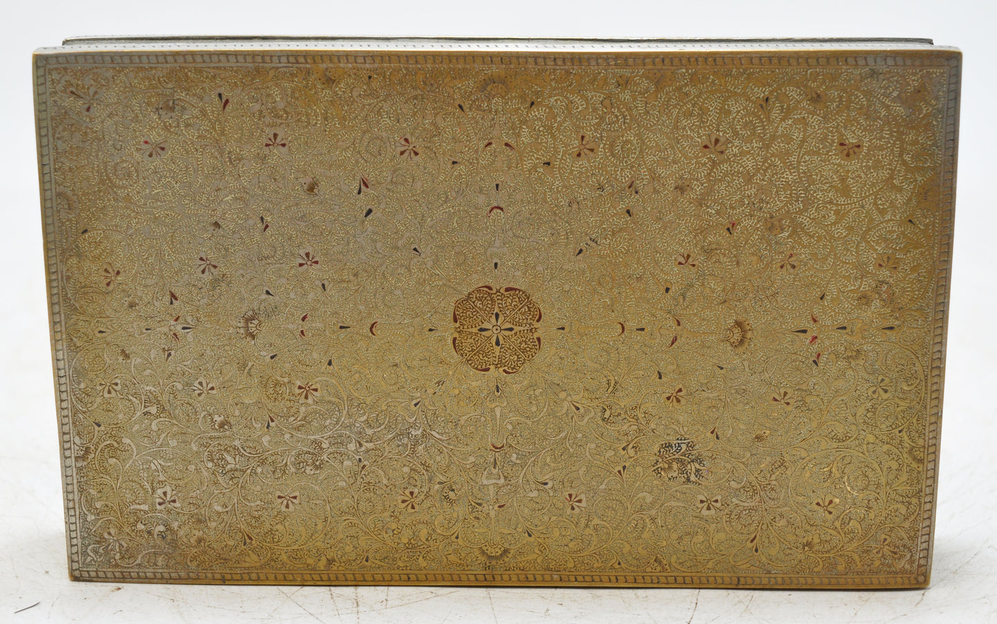 Antique Brass Small Storage Box Original Old Fine Engraved Inlay Painted