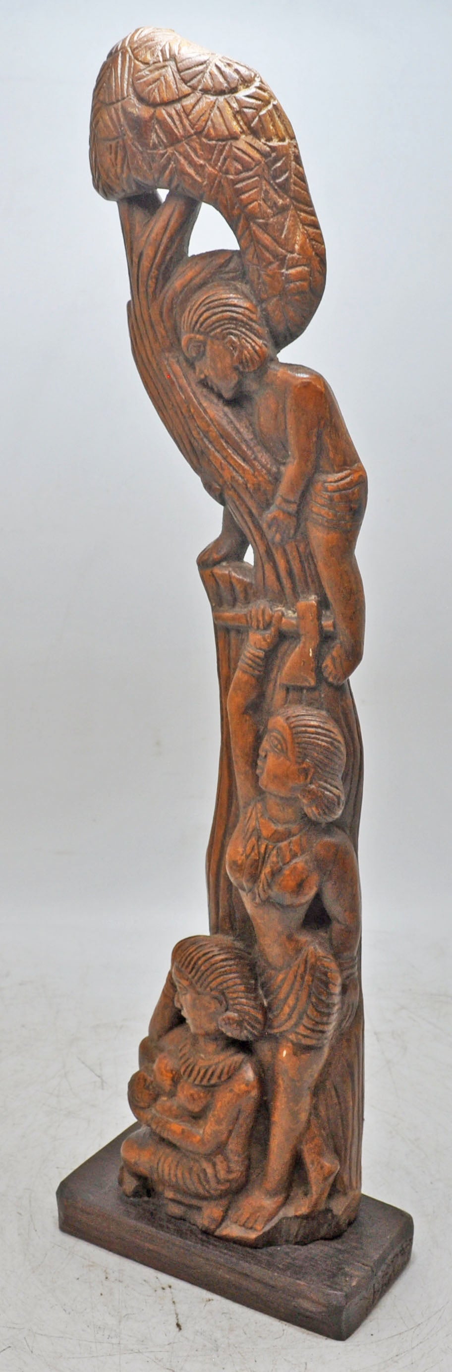 Antique Wooden Tall Ethnic Village Scene Figurine Statue Original Fine Hand Carved