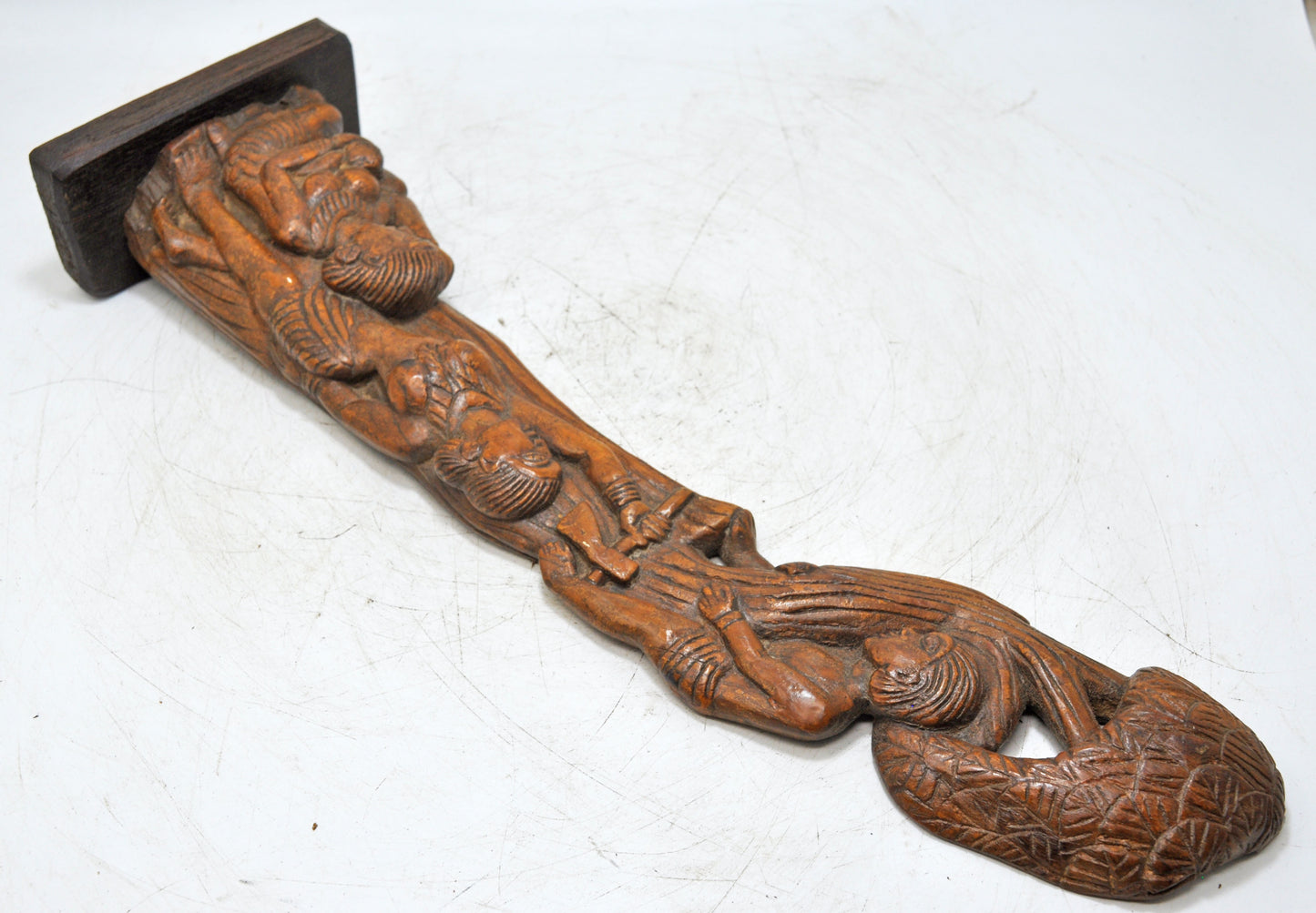 Antique Wooden Tall Ethnic Village Scene Figurine Statue Original Fine Hand Carved