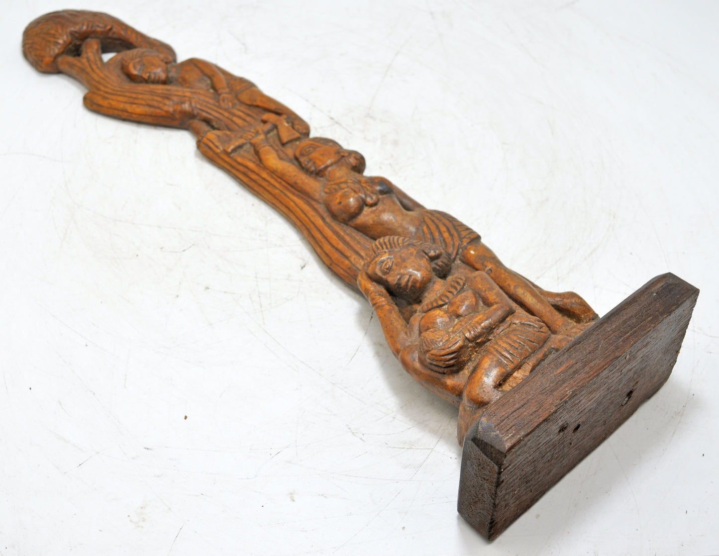 Antique Wooden Tall Ethnic Village Scene Figurine Statue Original Fine Hand Carved