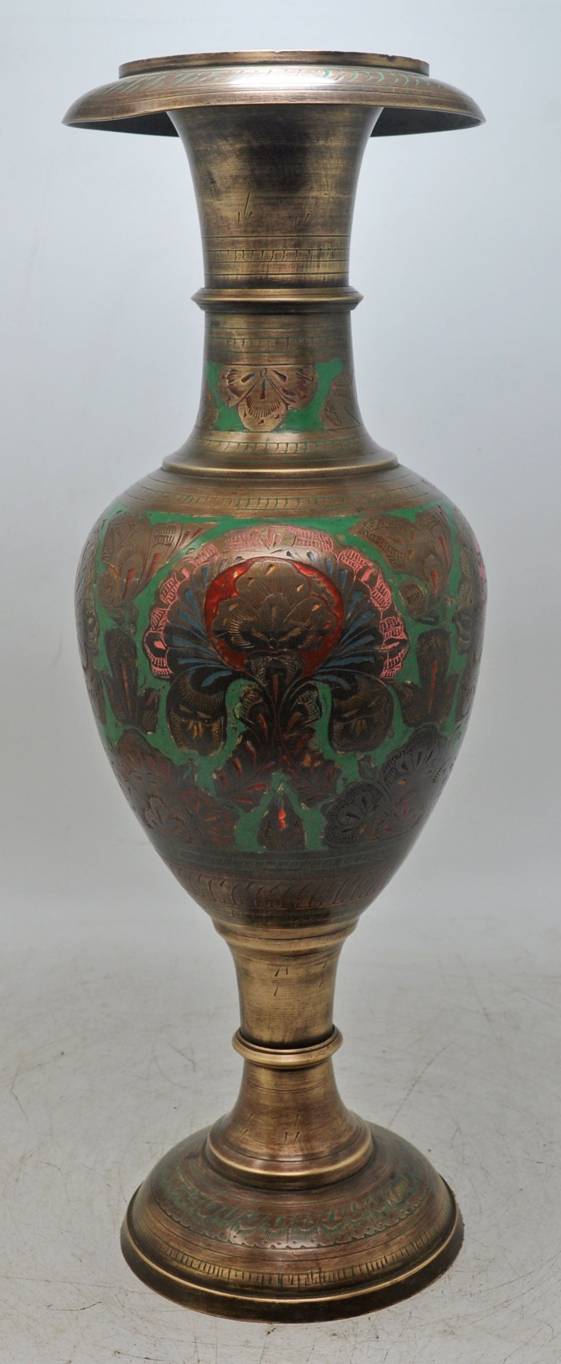 Antique Brass Flower Vase Pot Original Old Hand Crafted Engraved Inlay Painted