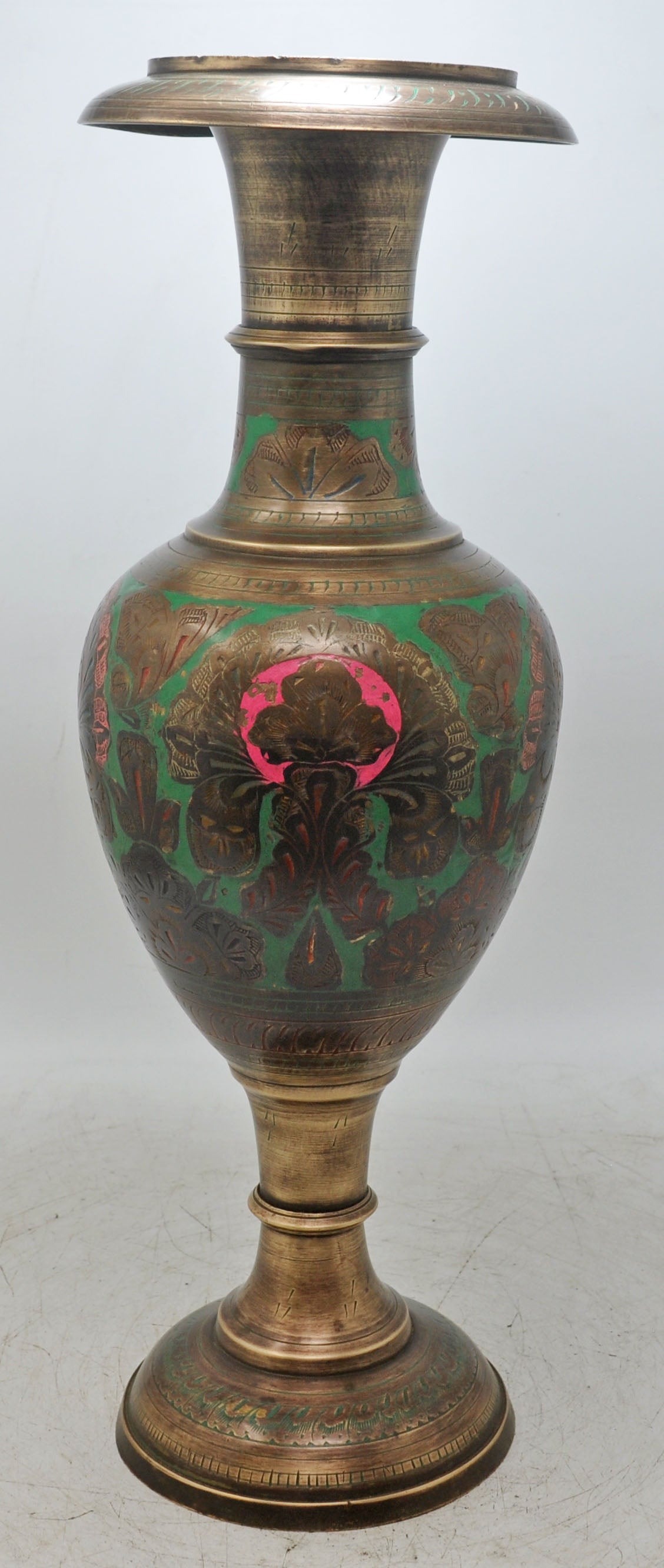 Antique Brass Flower Vase Pot Original Old Hand Crafted Engraved Inlay Painted