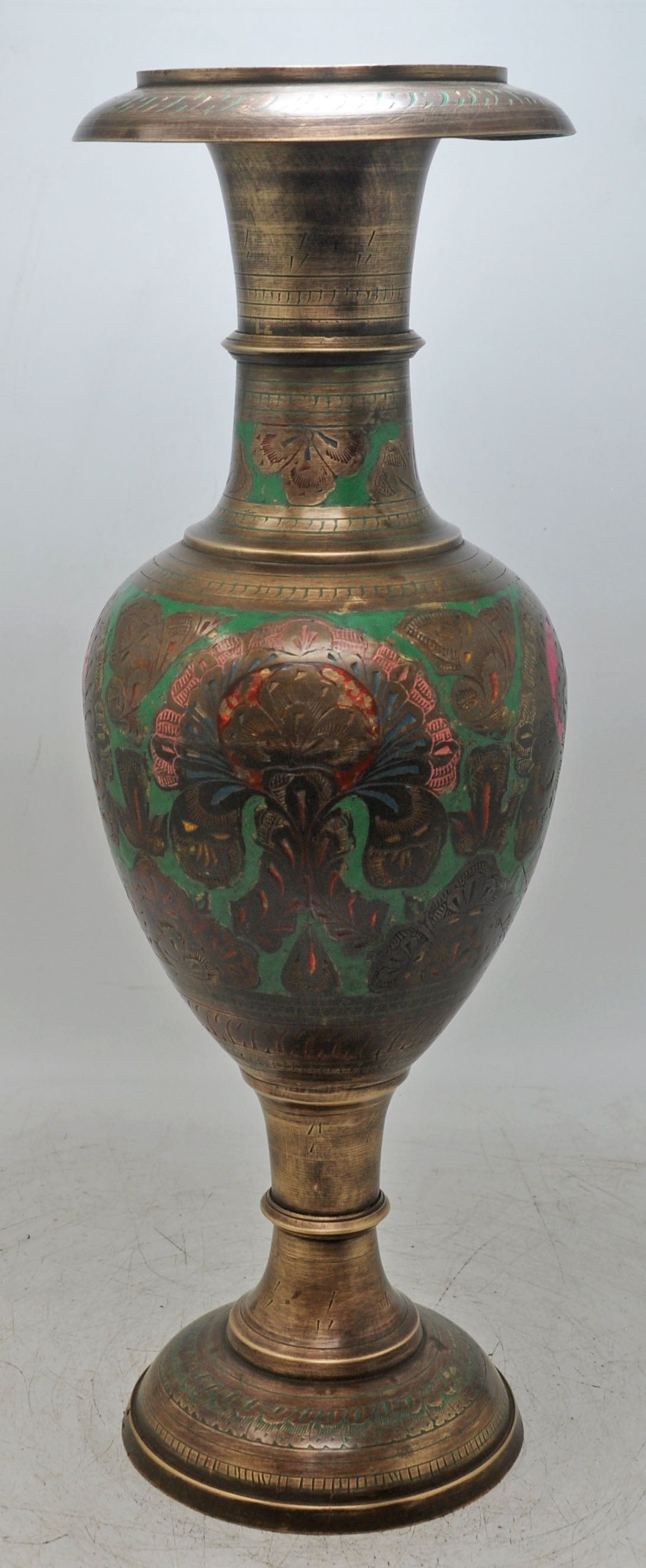 Antique Brass Flower Vase Pot Original Old Hand Crafted Engraved Inlay Painted