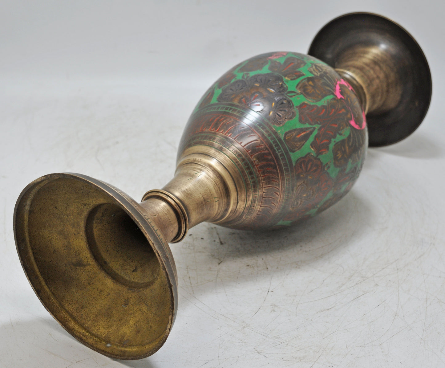 Antique Brass Flower Vase Pot Original Old Hand Crafted Engraved Inlay Painted