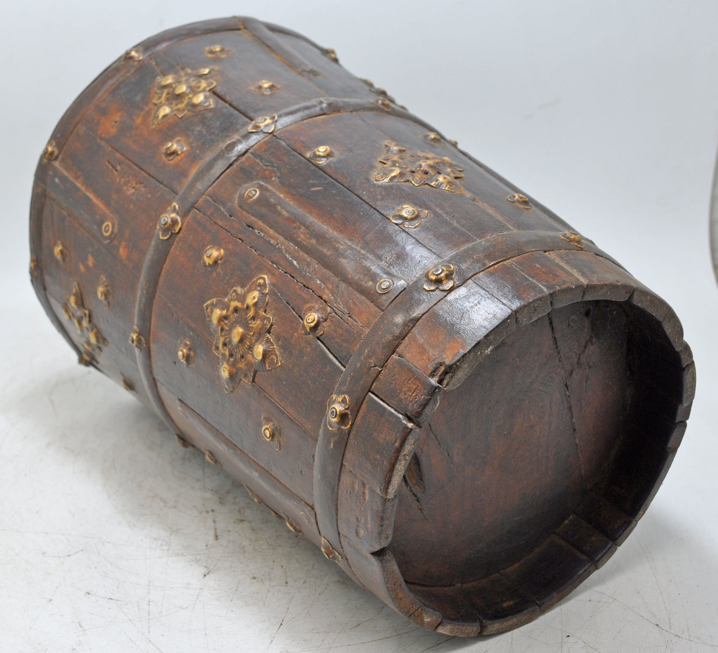 Vintage Wooden Planter Pot Original Old Hand Crafted Metal Fitted