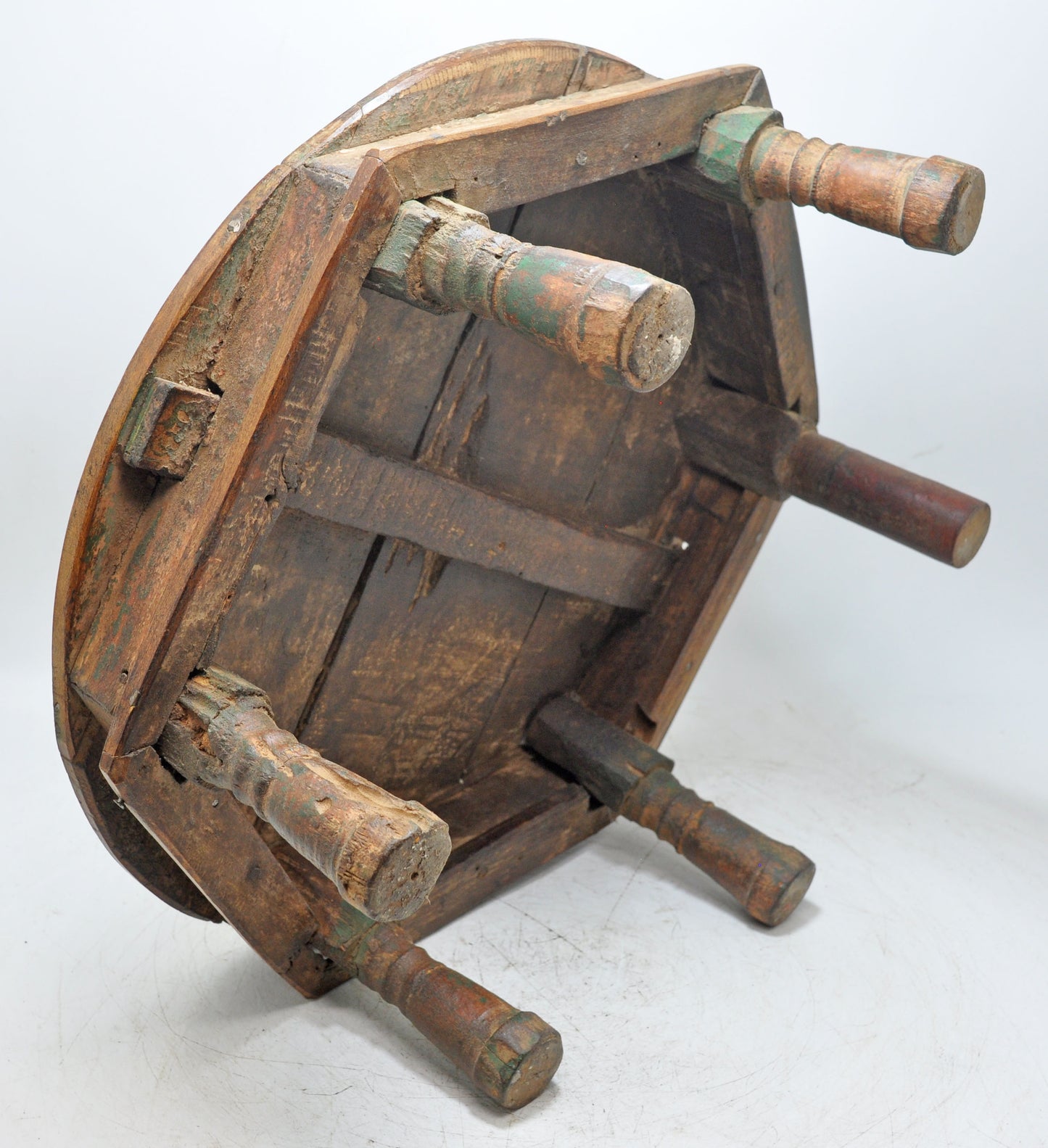 Antique Wooden Round Floor Sitting Bajot Stool Original Old Hand Crafted