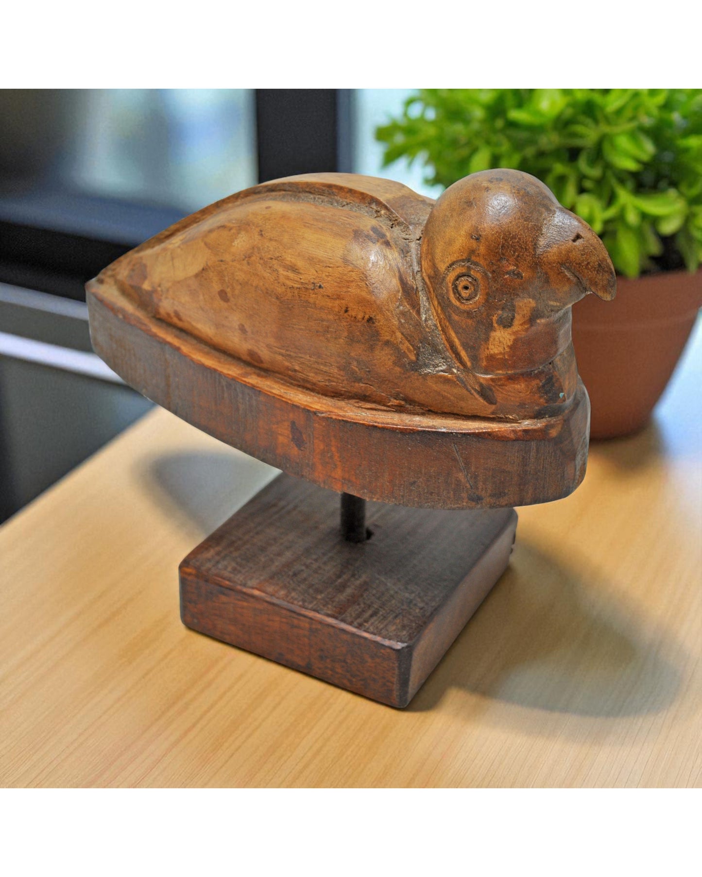 Vintage Wooden Bird Figurine on Stand Original Old Hand Carved