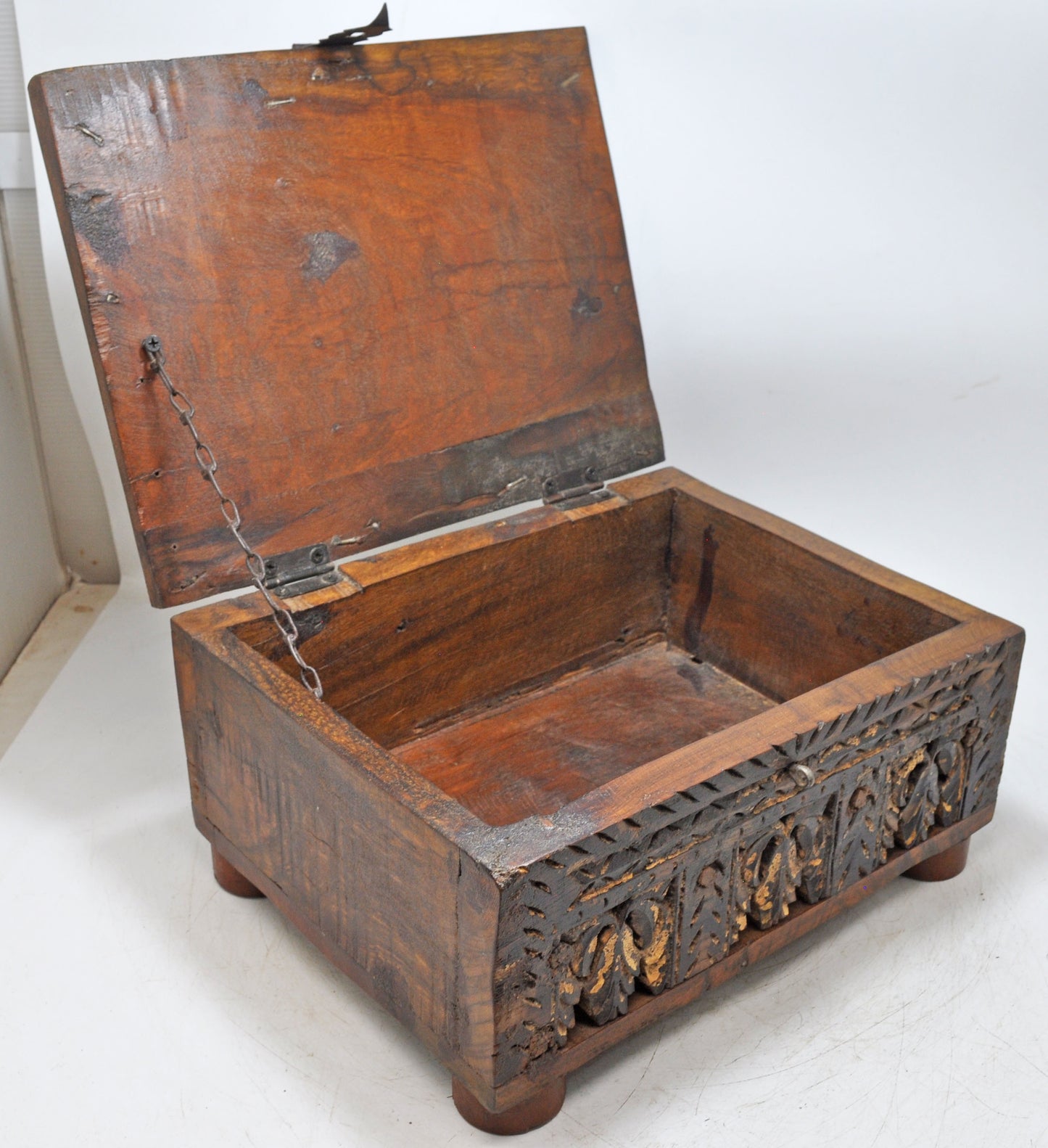 Antique Wooden Large Storage Treaure Chest Box Original Old Fine Hand Carved