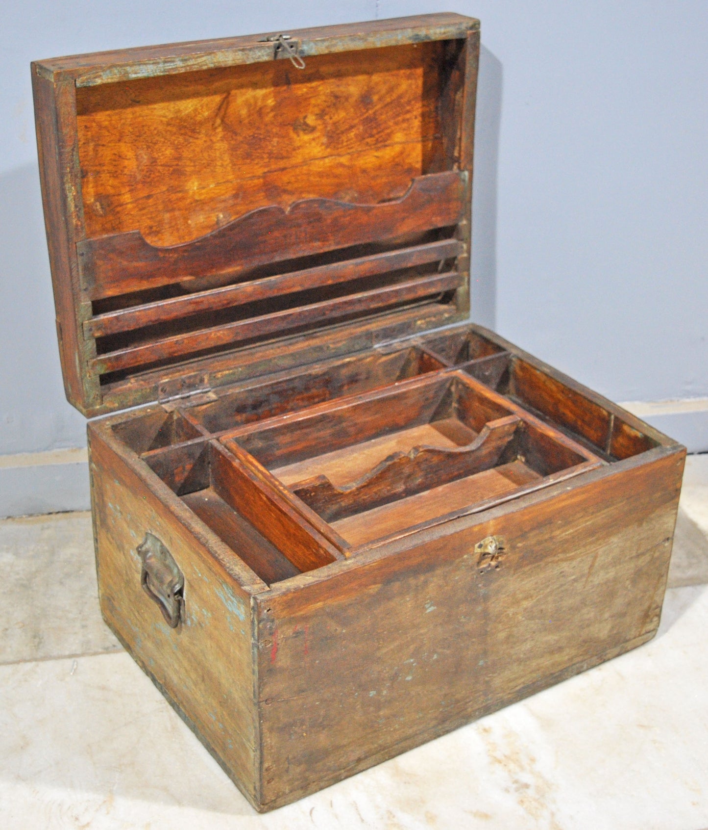Antique Wooden Large Merchants Cash Chest Storage Box Original Old Hand Crafted