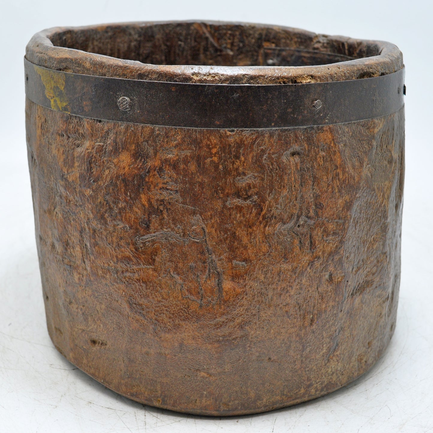 Antique Wooden Kitchenware Round Grain Measurement Pot Original Old Hand Carved
