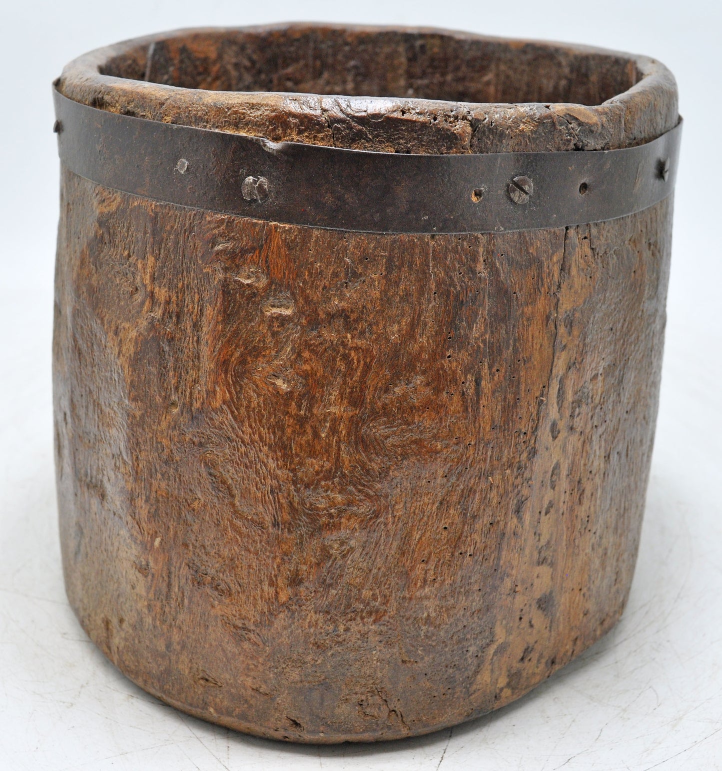 Antique Wooden Kitchenware Round Grain Measurement Pot Original Old Hand Carved