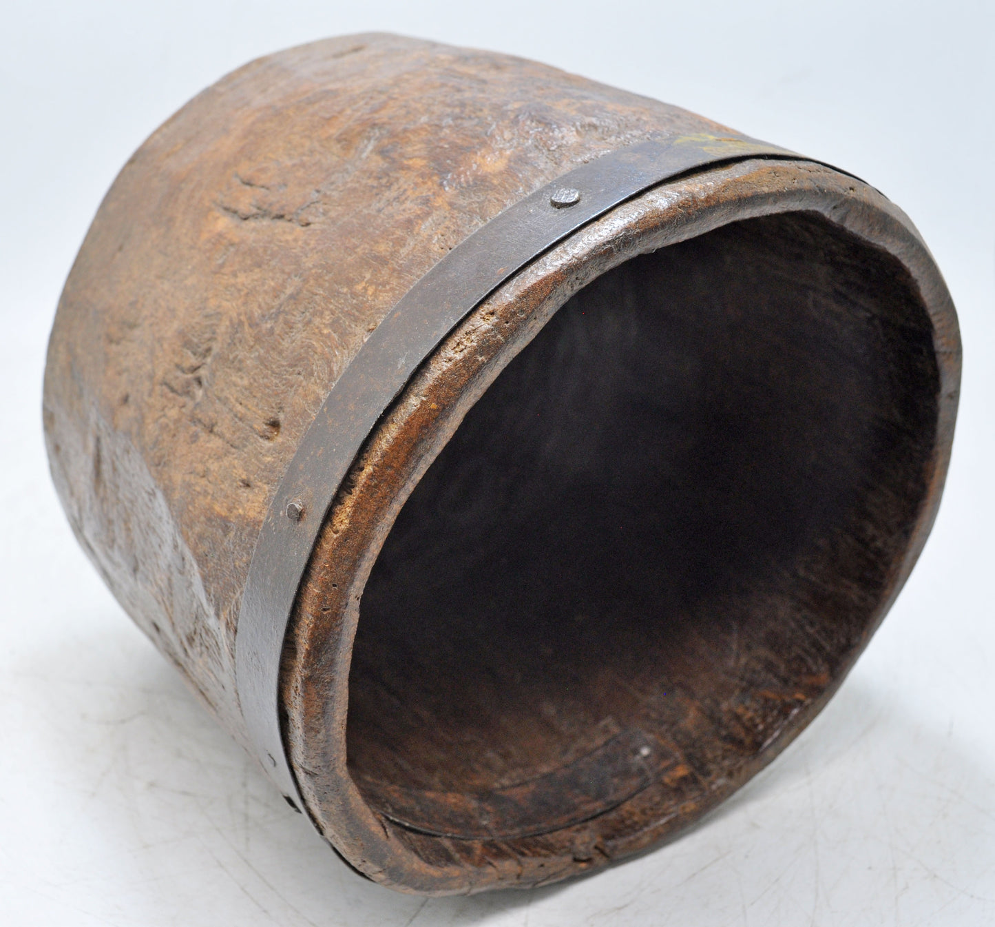 Antique Wooden Kitchenware Round Grain Measurement Pot Original Old Hand Carved