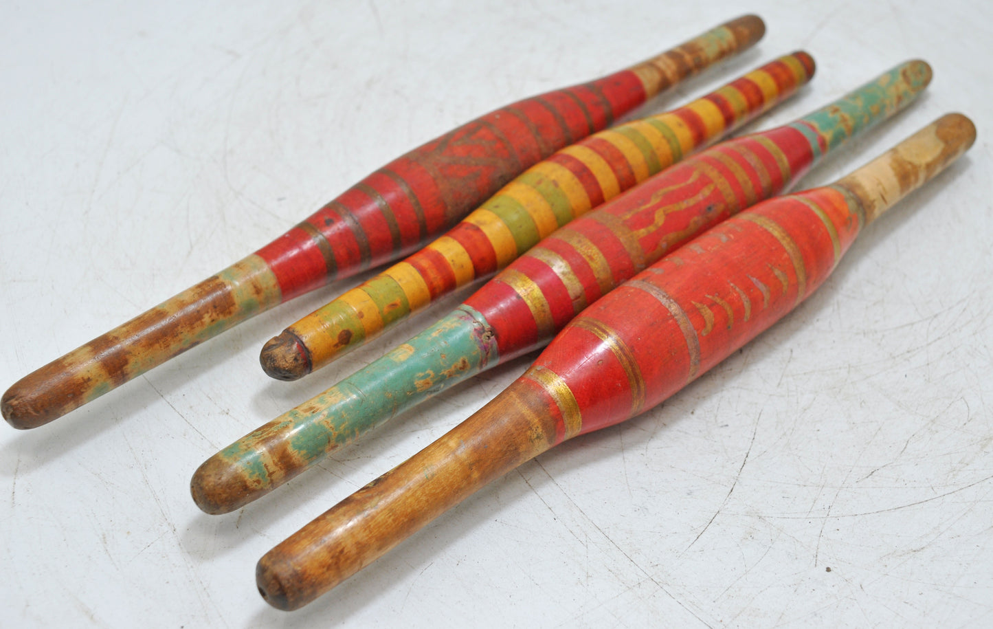 Lot of 4 Antique Wooden Rolling Pins Belan Original Old Hand Caved Lacquer Painted