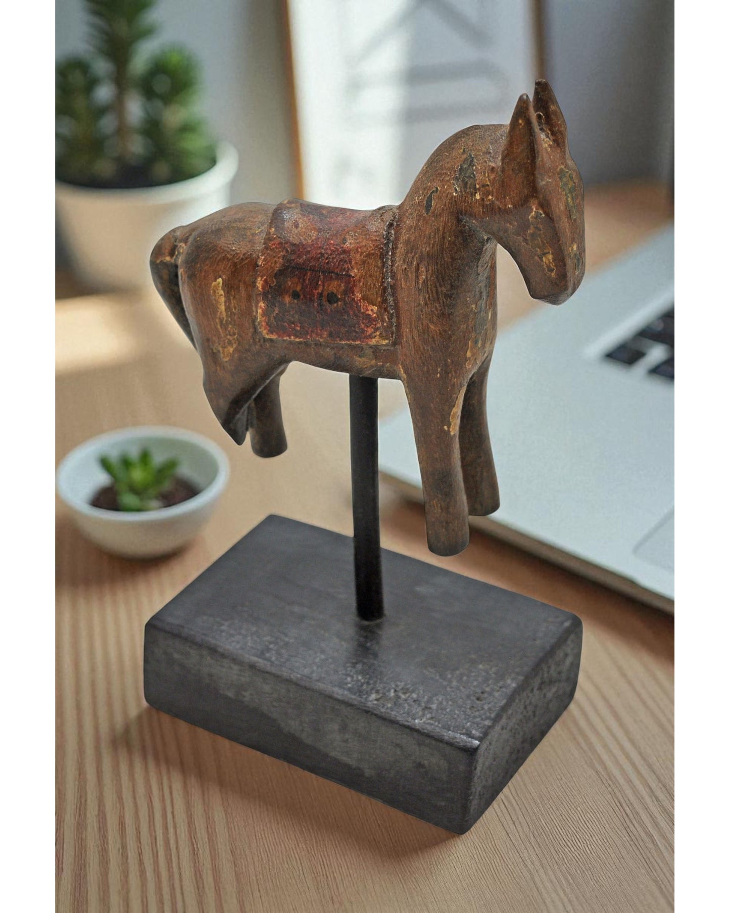 Vintage Wooden Small Horse Figurine On Stand Original Old Hand Carved