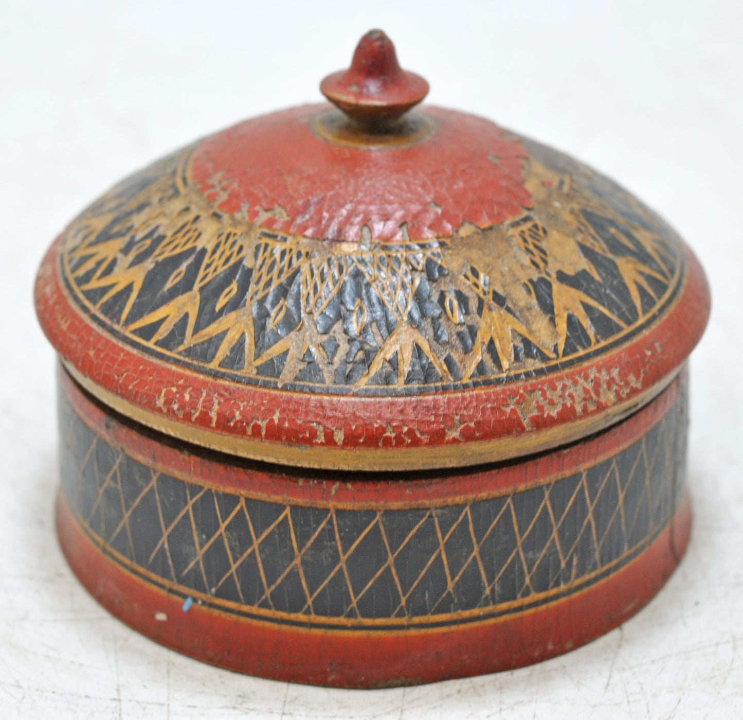 Antique Wooden Lacquerware Round Box Original Old Hand Carved