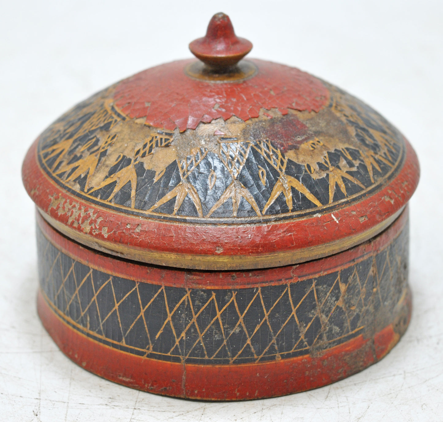Antique Wooden Lacquerware Round Box Original Old Hand Carved