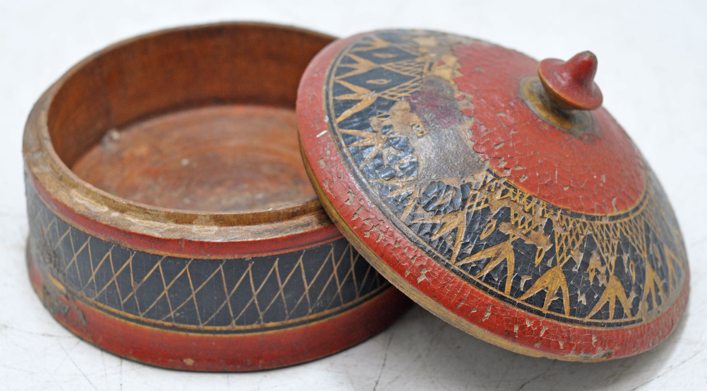 Antique Wooden Lacquerware Round Box Original Old Hand Carved