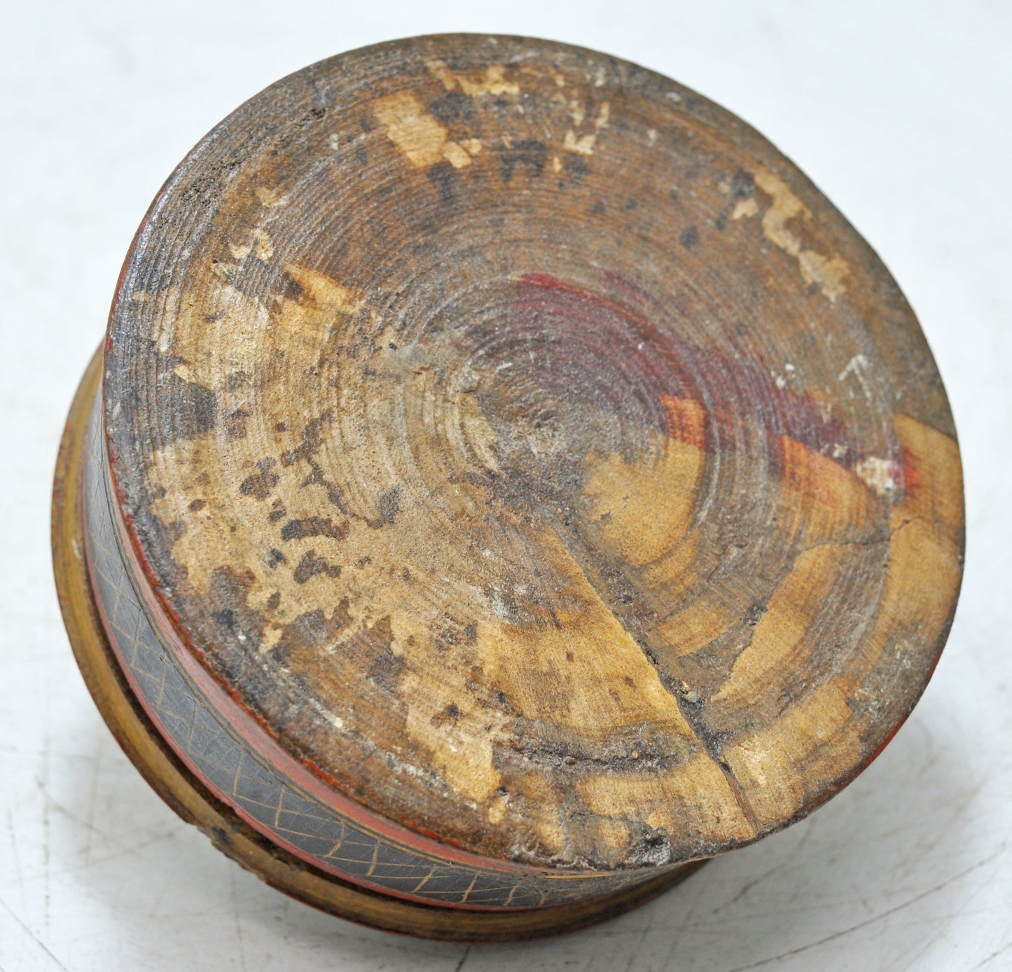 Antique Wooden Lacquerware Round Box Original Old Hand Carved