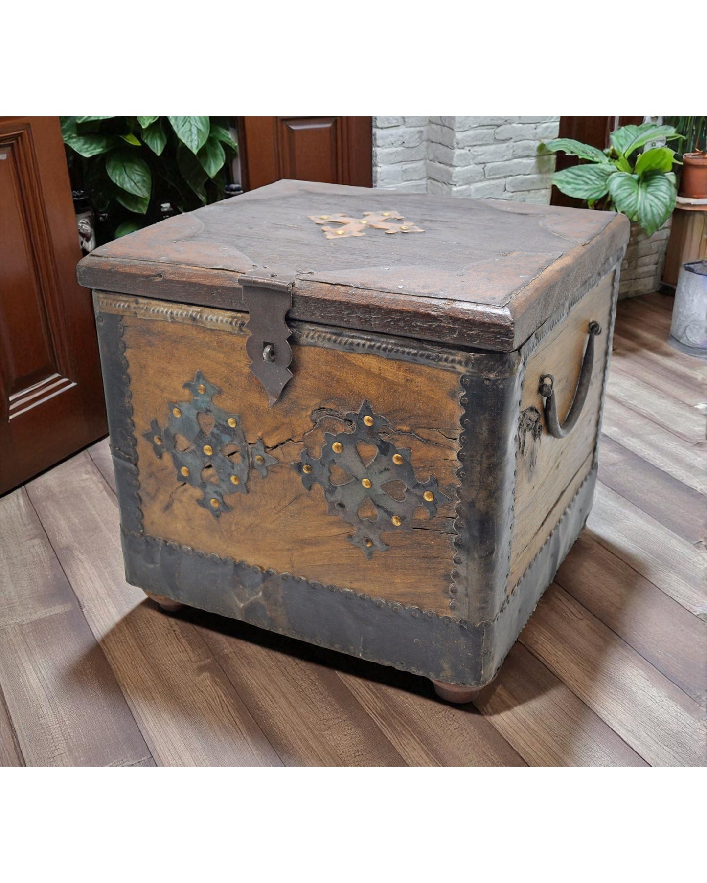 Vintage Wooden Square Storage Chest Box Original Old Hand Crafted Metal Fitted