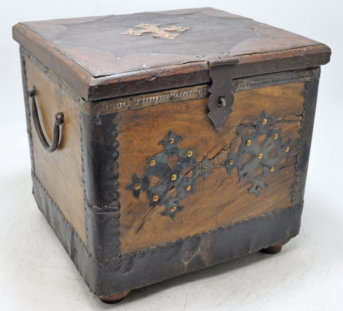 Vintage Wooden Square Storage Chest Box Original Old Hand Crafted Metal Fitted
