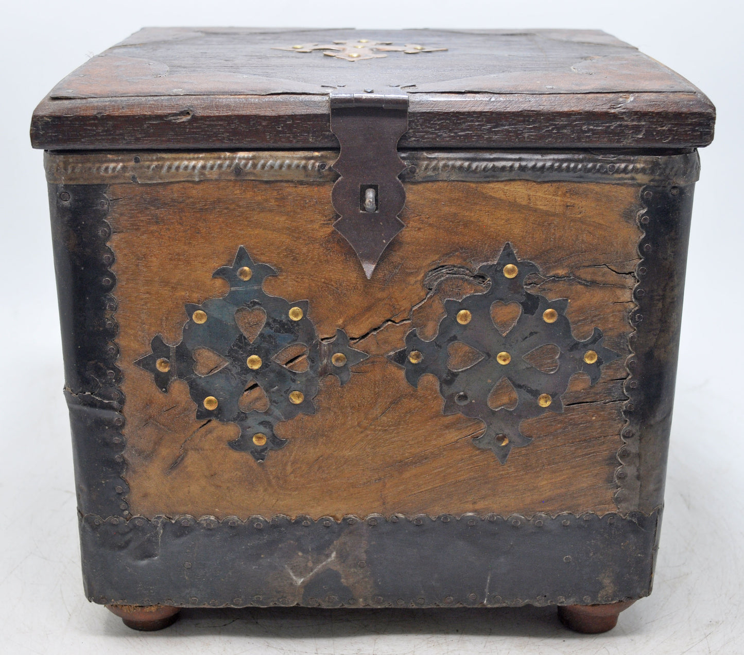 Vintage Wooden Square Storage Chest Box Original Old Hand Crafted Metal Fitted