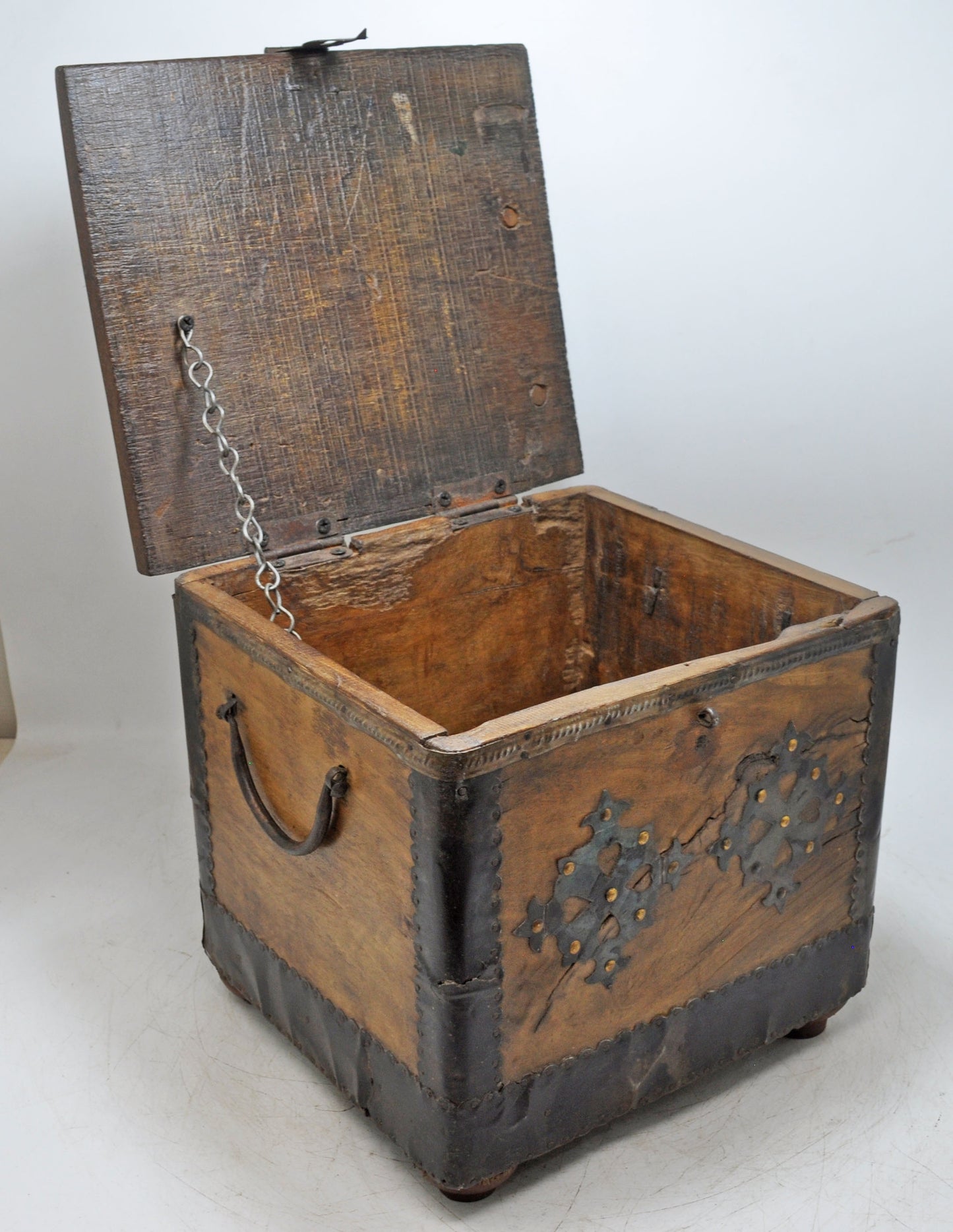 Vintage Wooden Square Storage Chest Box Original Old Hand Crafted Metal Fitted