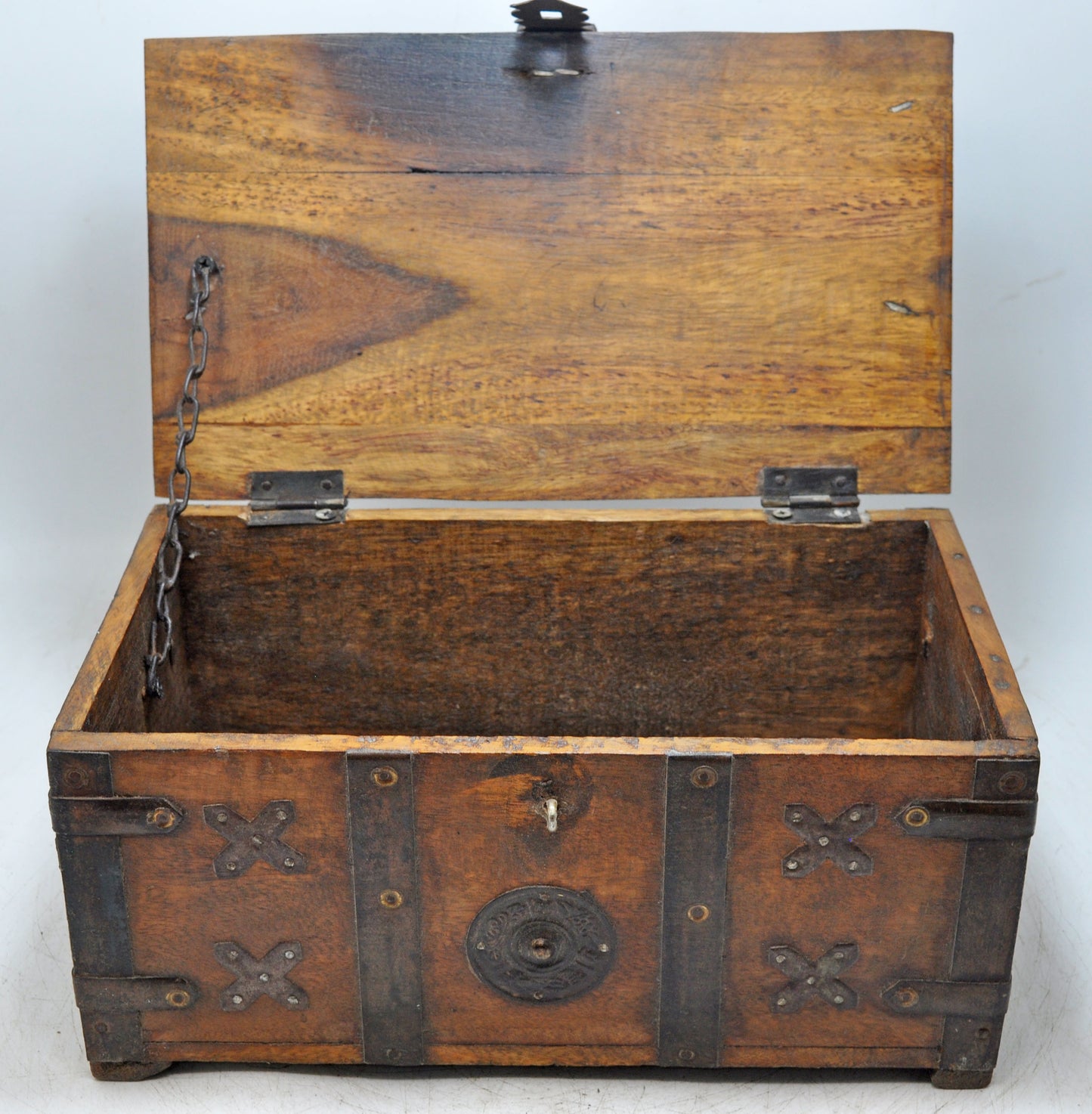 Antique Wooden Storage Chest Box Original Old Hand Crafted Carved Metal Fitted