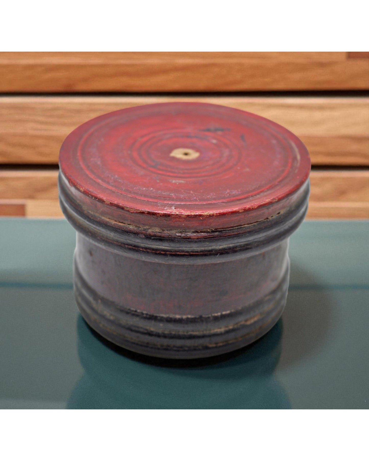 Antique Wooden Kum Kum Powder Tika Box Original Old Carved Lacquer Painted
