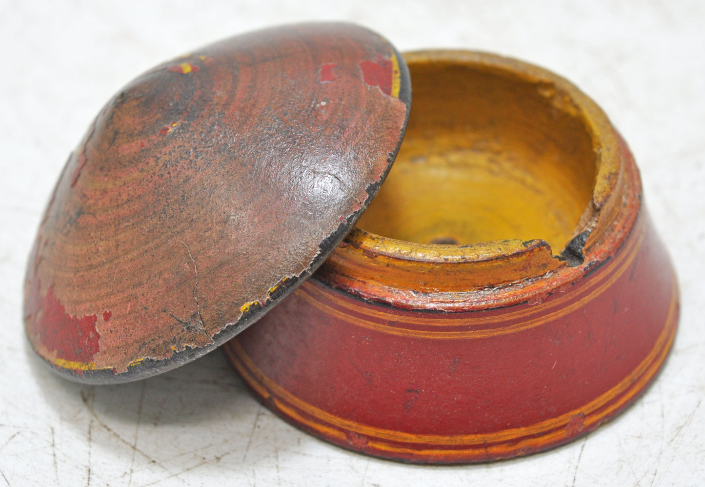 Antique Wooden Kum Kum Powder Tika Box Original Old Carved Lacquer Painted