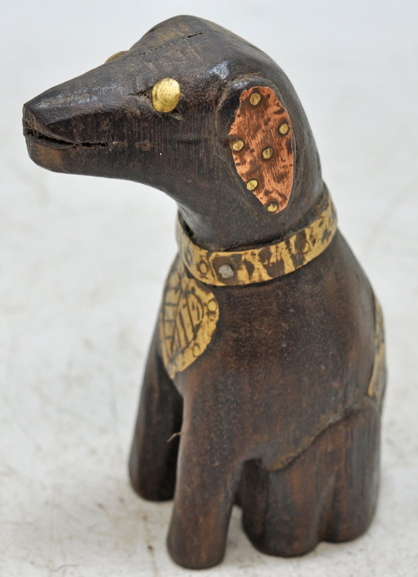 Vintage Wooden Small Dog Figurine Original Old Hand Carved Brass Fitted