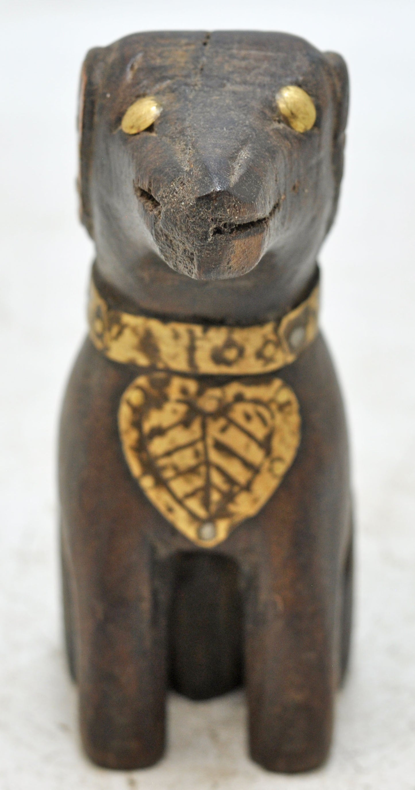 Vintage Wooden Small Dog Figurine Original Old Hand Carved Brass Fitted