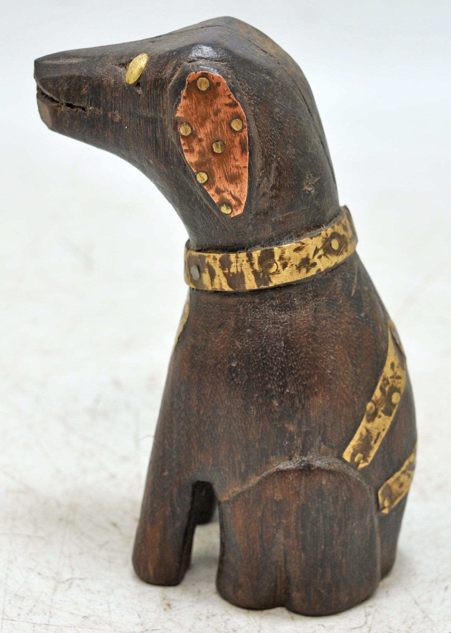 Vintage Wooden Small Dog Figurine Original Old Hand Carved Brass Fitted