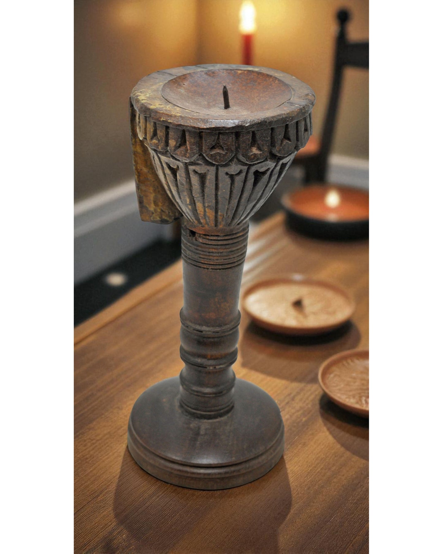 Antique Wooden Candle Holder Stand Original Old Hand Carved
