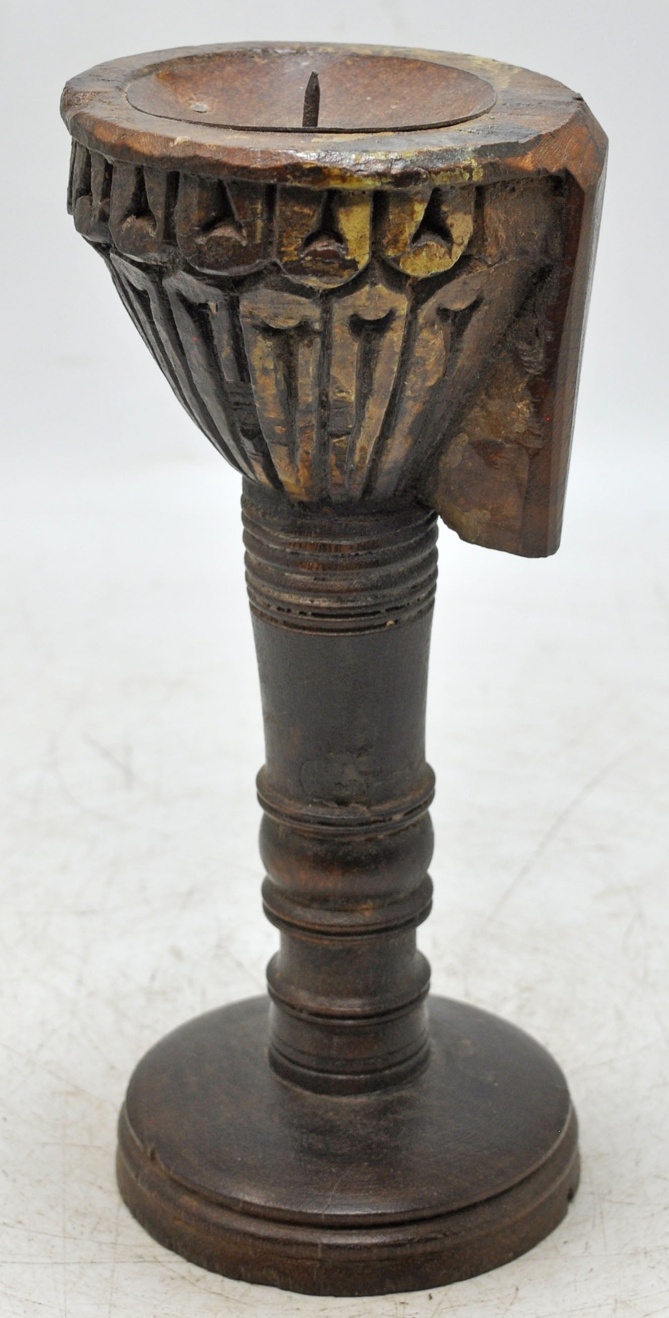 Antique Wooden Candle Holder Stand Original Old Hand Carved
