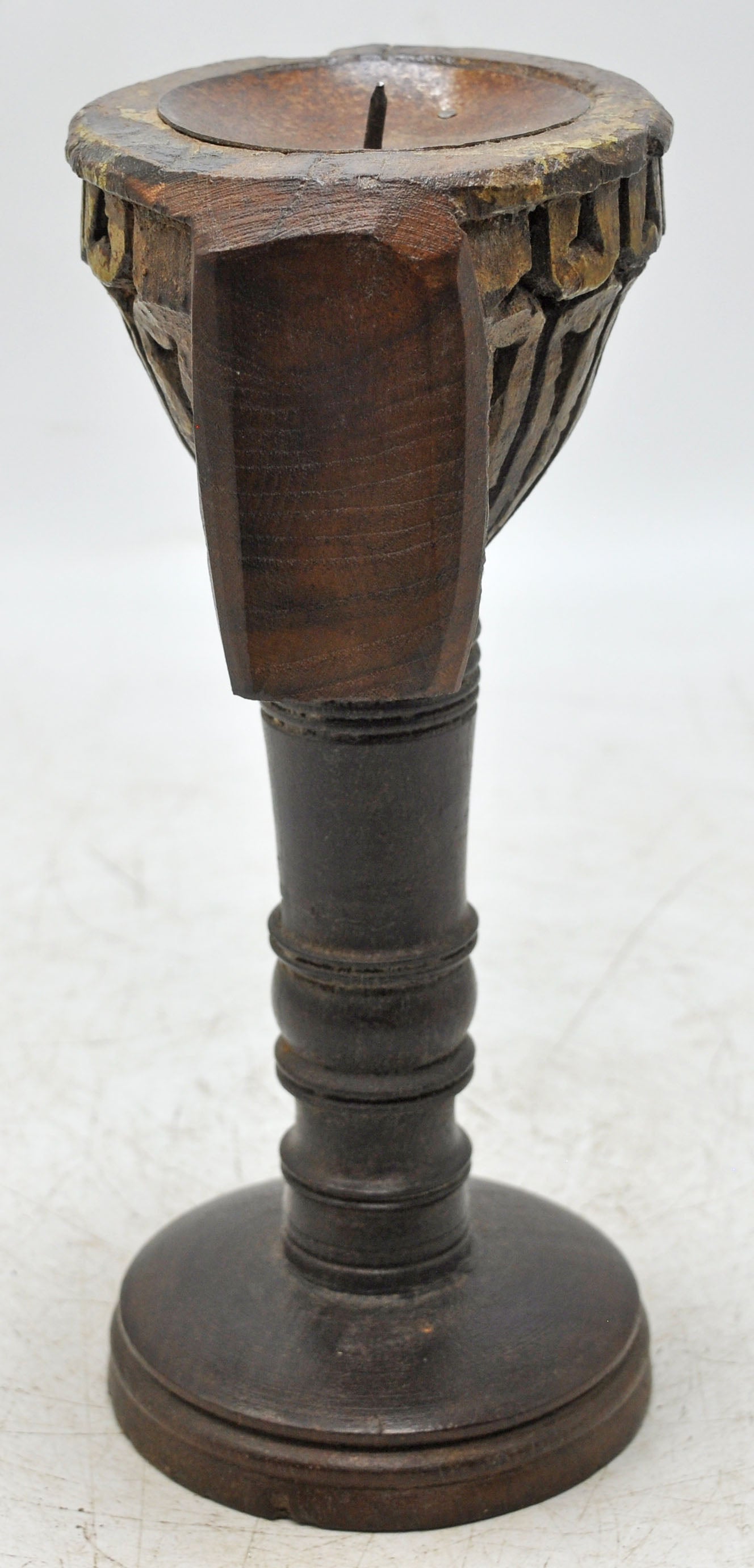 Antique Wooden Candle Holder Stand Original Old Hand Carved
