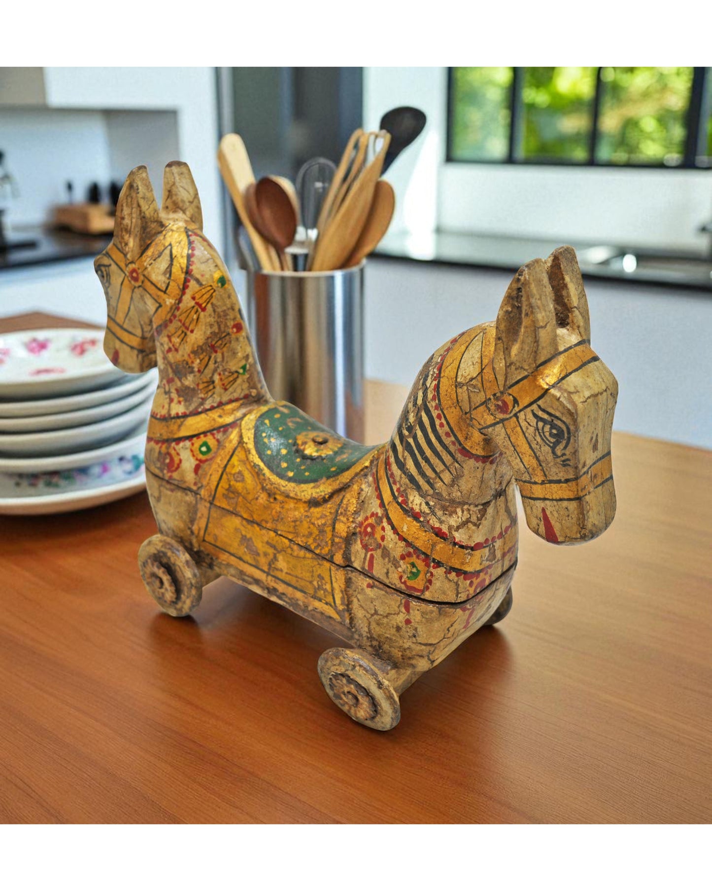 Hand Carved Rustic Painted Wooden Horse on Wheels Figurine Spice Box
