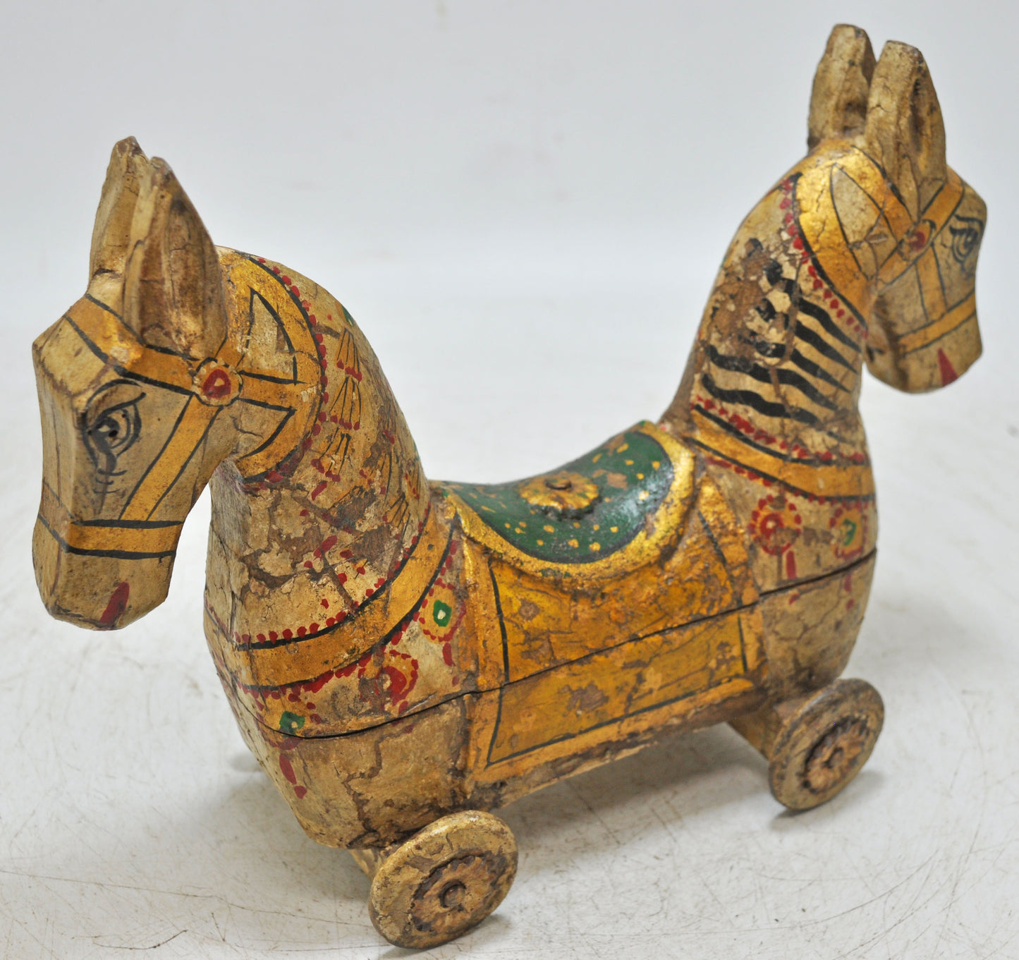 Hand Carved Rustic Painted Wooden Horse on Wheels Figurine Spice Box