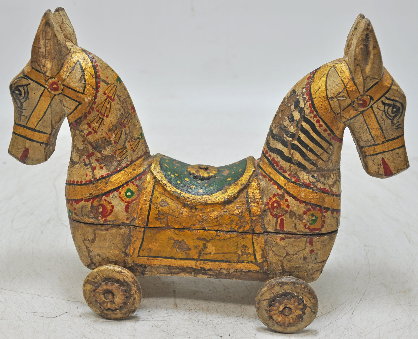 Hand Carved Rustic Painted Wooden Horse on Wheels Figurine Spice Box