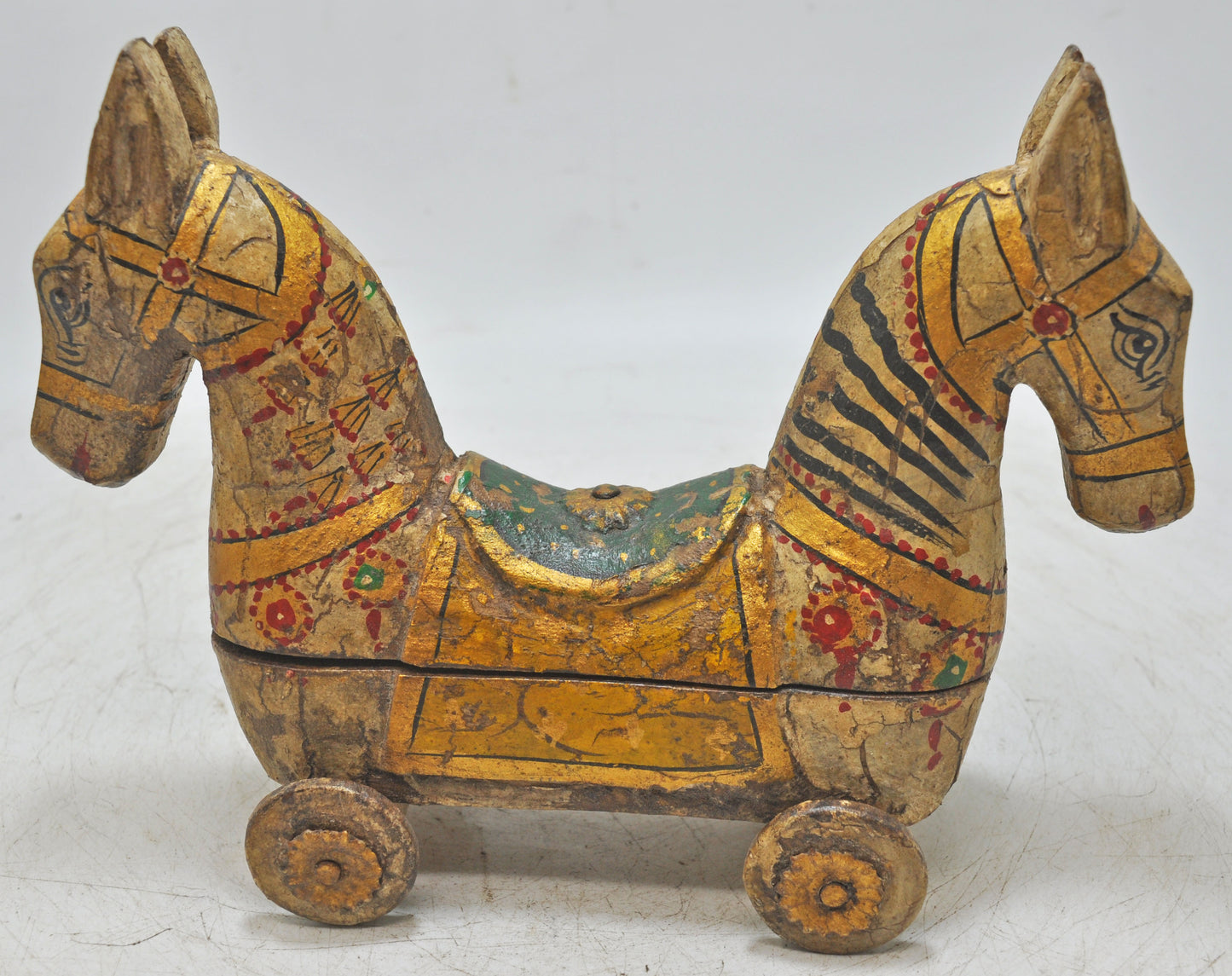 Hand Carved Rustic Painted Wooden Horse on Wheels Figurine Spice Box