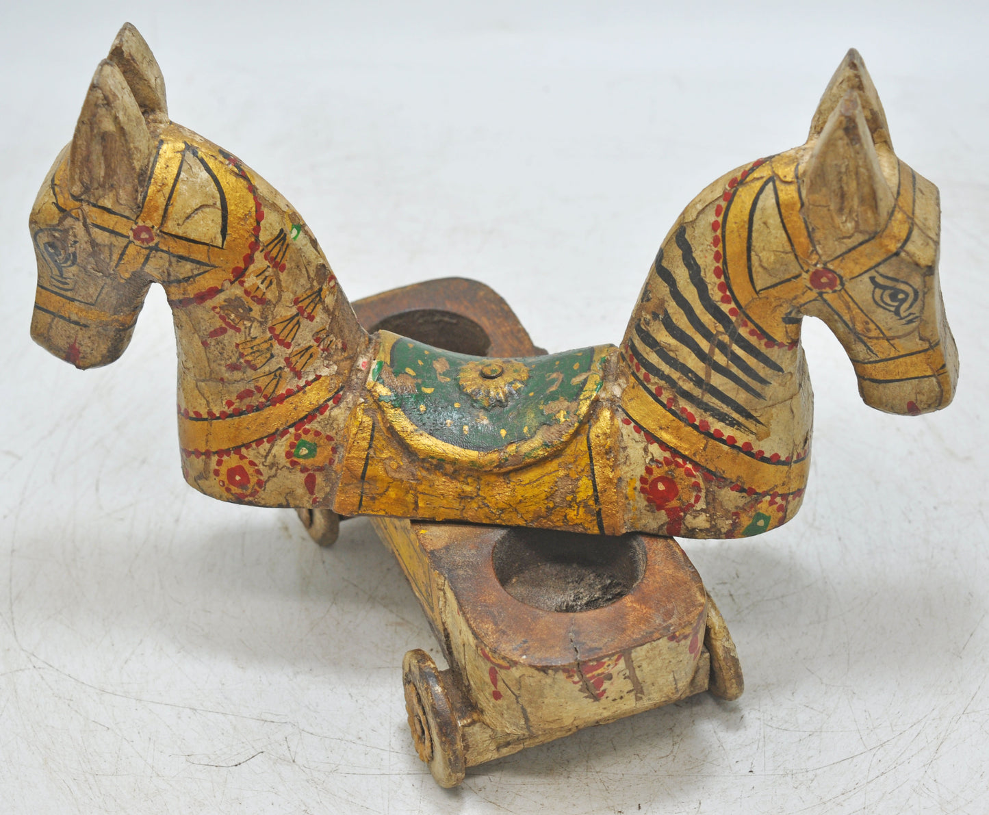 Hand Carved Rustic Painted Wooden Horse on Wheels Figurine Spice Box