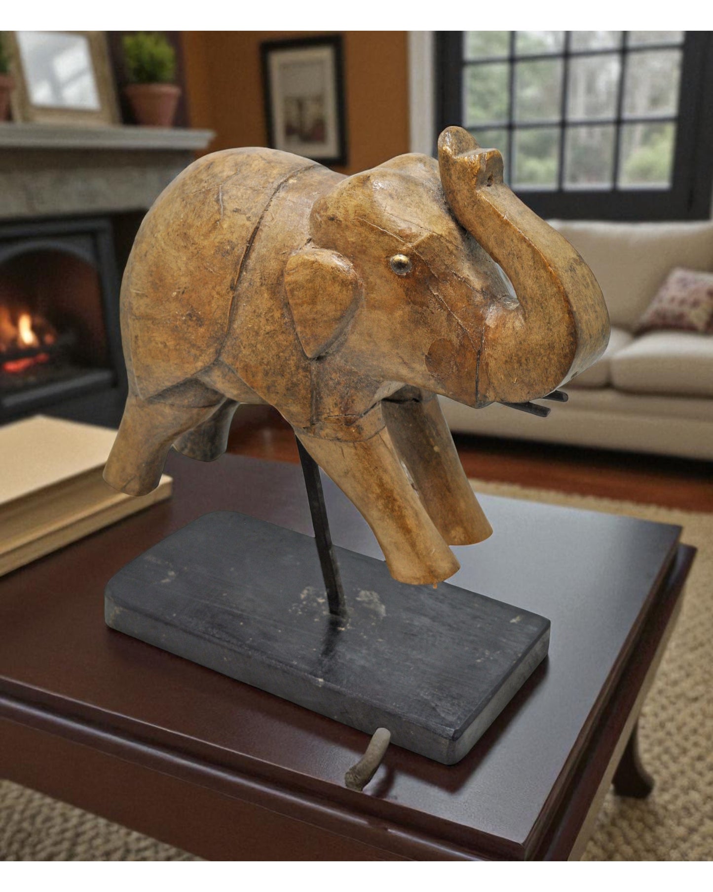 Vintage Wooden Elephant Figurine Original Old Hand Carved