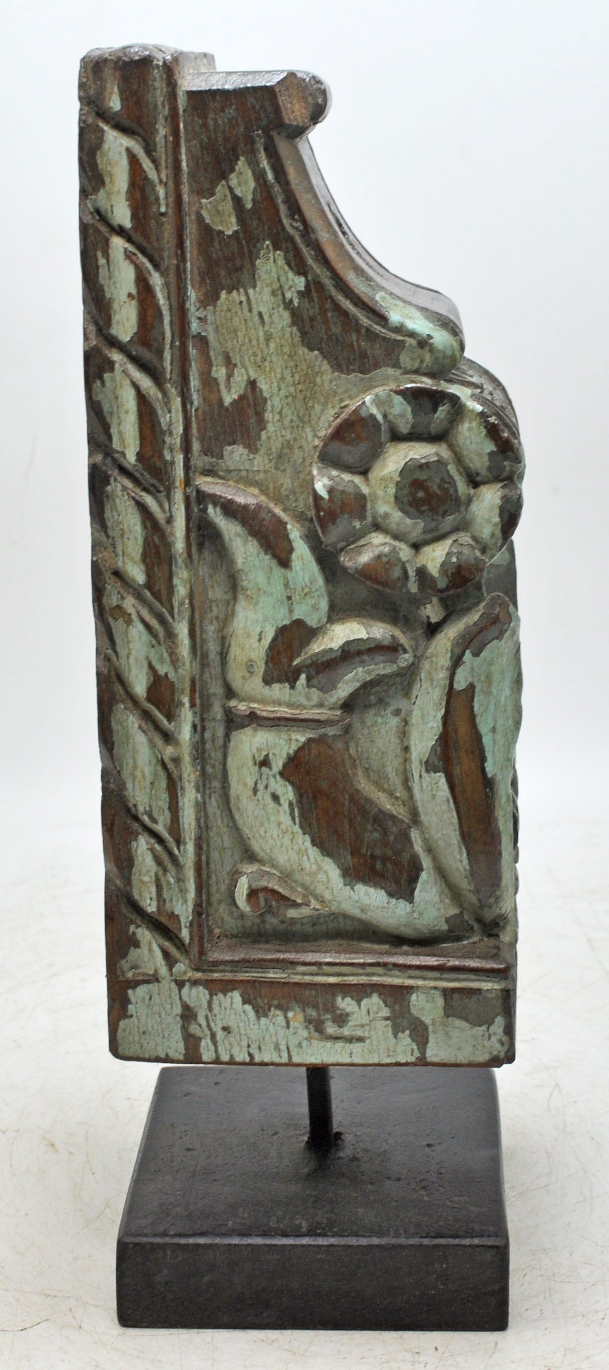 Antique Wooden Bracket Carving on Stand Original Old Fine Hand Carved Rustic Painted